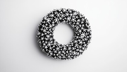 Obraz premium Black Christmas wreath with intricate white snowflake patterns, centered against a plain white background, background, no blur, photo not dark, everything is clear, copy space