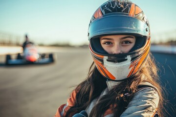 Girl racer with kart on track wearing helmet on sunny day
