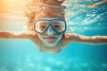 Girl snorkeling happily in pool on family vacation summer fun
