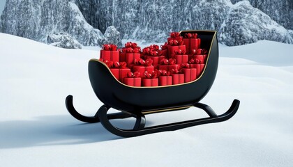 Black sleigh filled with red gifts, snowcovered background, 3D illustration, background, no blur, photo not dark, everything is clear, copy space