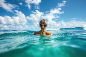 Girl surfing in the Atlantic ocean on a sunny day with clear waves