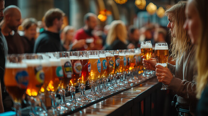 Bruges Beer Festival atmosphere, rows of beer stands from various local breweries, each stand is decorated with a unique logo and colorful beer glasses, Ai generated images