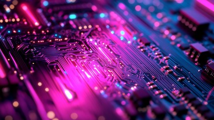 Obraz premium Close-up of a circuit board with neon lights.