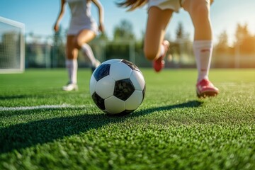 Fototapeta premium Girls play soccer on astroturf field