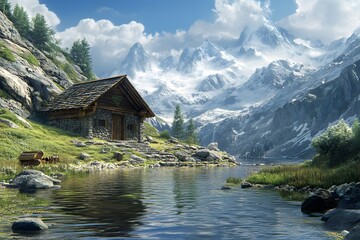 Fototapeta premium Secluded Cabin by a Mountain Lake