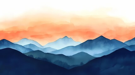 Fototapeta premium Watercolor orange blue landscape illustration poster background