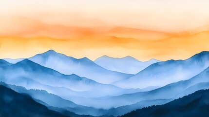 Fototapeta premium Watercolor orange blue landscape illustration poster background