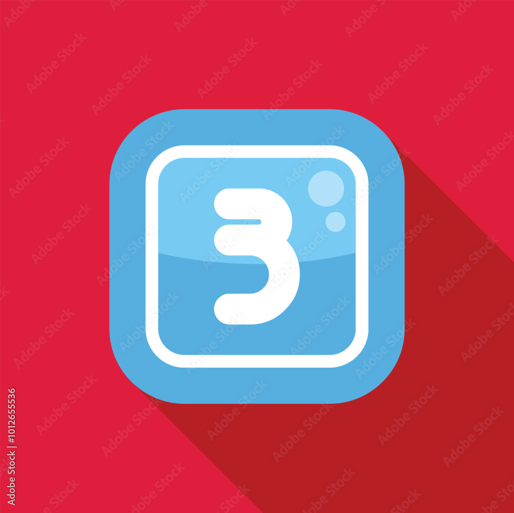 Poster number three on blue app button with long shadow on red background, suitable for use as an icon in w