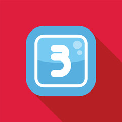 Number three on blue app button with long shadow on red background, suitable for use as an icon in web design