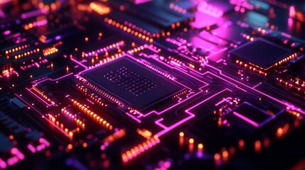 Obraz premium Close-up of a glowing circuit board with a central processor chip.
