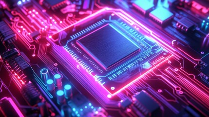 Obraz premium Close-up of a computer circuit board with a processor chip glowing in neon pink and blue light.