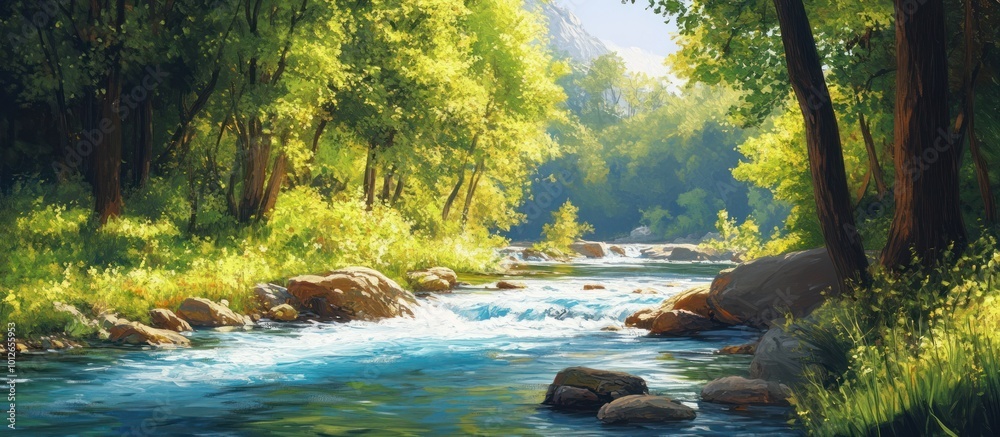 Wall mural a river flows through a lush forest, sunlight streaming through the trees, creating a picturesque sc