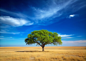 Fototapeta premium solitary tree stands majestically in vast open plain, surrounded by golden grass under bright blue sky. scene evokes sense of tranquility and connection to nature