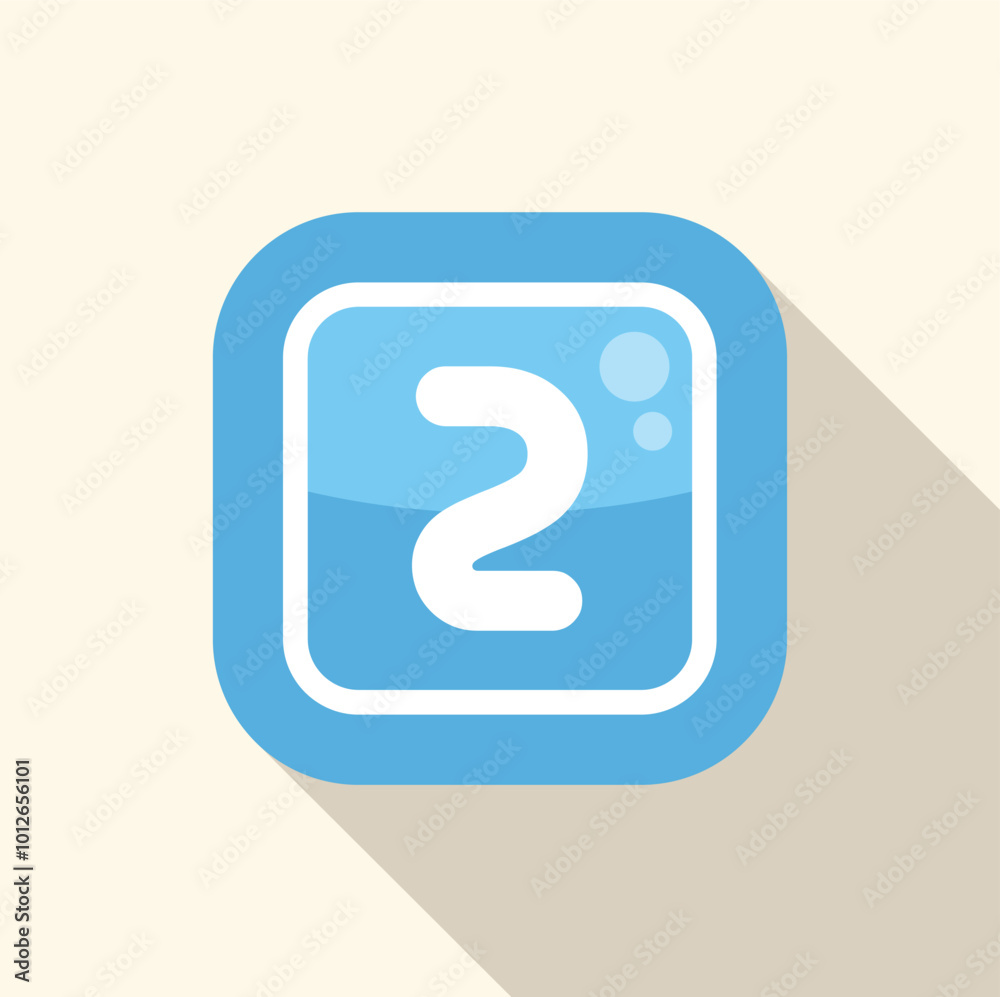 Poster blue rounded square icon with long shadow, showing number two, for application button or web design 