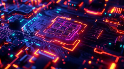 Obraz premium Closeup of a glowing circuit board with neon lights.
