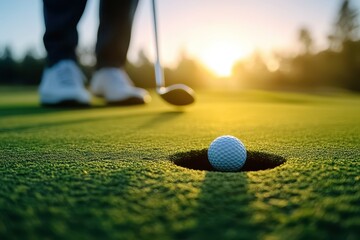 Golfer putting on green at sunset