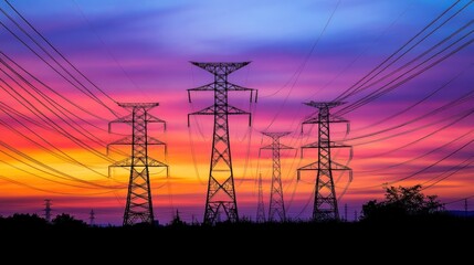 Silhouettes of Power Lines Against a Colorful Sunset