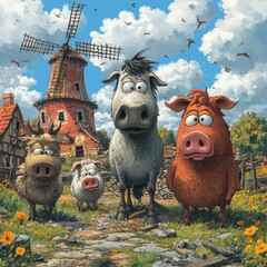A cartoon-style image where animals like the horse, sheep, and cow stand in the middle of the farm, their exaggerated sad faces