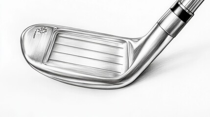 Close-up of a shiny silver golf club with a white background.