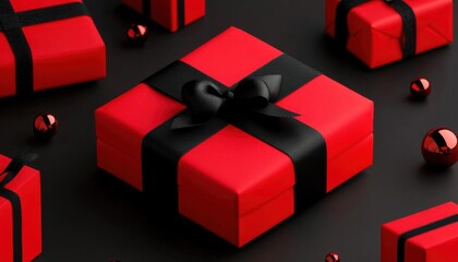 Red and black ribbon wrapped around Christmas gifts, 3D illustration, background, no blur, photo not dark, everything is clear, copy space