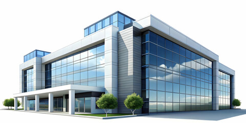 Glossy office building exterior with copy space concept as A wide angle shot of a modern glossy office building exterior under a clear sky. The image provides ample copy space in the sky area suitable