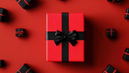 Red and black ribbon wrapped around Christmas gifts, 3D illustration, background, no blur, photo not dark, everything is clear, copy space