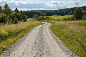 Fototapeta premium Gravel road in rural area with field view