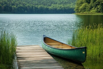 Obraz premium Green canoe on sunny summer day at cottage wood pier across water