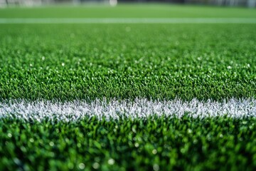 Green artificial grass with white border lines on soccer field at stadium