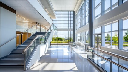 Modern Office Lobby with Staircase and Large Windows