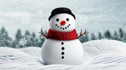 Obraz premium Watercolor snowman with a red scarf, surrounded by softly painted snowflakes, on a pale winter landscape, background, no blur, photo not dark, everything is clear, copy space
