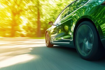 Green power for electric car with copy space Low angle side view of fast moving vehicle