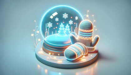 Fototapeta premium 3D Holographic Snow Globe with Glowing Mittens on White Background - Cozy Winter Feel with Ample Copy Space for Text, Wide Angle Focus on Floating Globe and Mittens