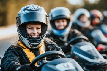 Group of joyful individuals in helmets racing go karts at track