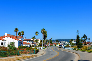 Scenic view of a quiet stretch of West Cliff Drive, Santa Cruz, California. Scenic residential street with Mediterranean-style houses, palm trees, and a winding road © MichaelVi
