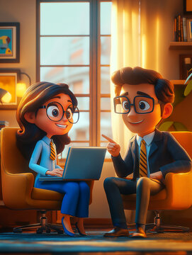 Pixer style cartoon character in a consulting with laptop