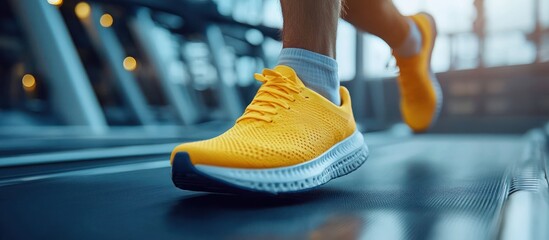 Closeup of yellow running shoes on treadmill belt.