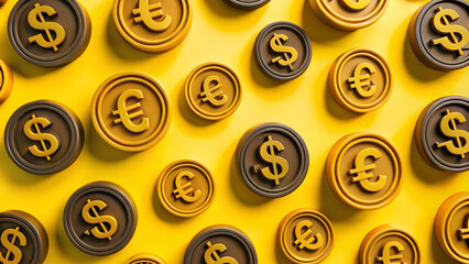 Playful Cartoon Tile Pattern with Animated Currency Symbols & Advertising Elements for Engaging Financial Marketing - Ideal for Photo Stock Concept