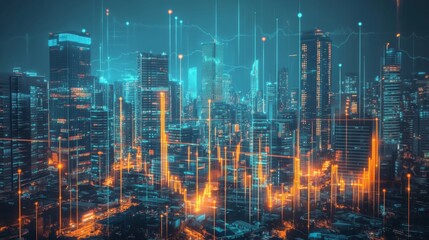 Fototapeta premium Futuristic city skyline with glowing lines and data visualization.