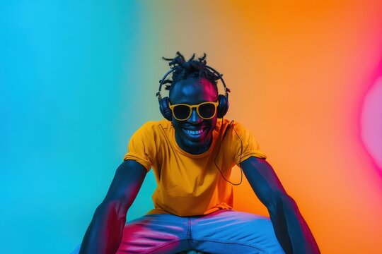 Happy African man on skateboard with sunglasses and headphones in neon studio - Powered by Adobe