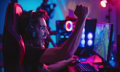 Happy friends playing online video games together and celebrating with a high five