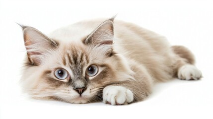 With its fluffy coat and striking blue eyes, this Birman cat lies peacefully on a pristine white backdrop, epitomizing calm and elegance in a serene moment.