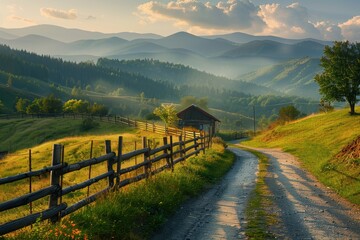 Fototapeta premium High quality photo of the beautiful Carpathian landscape with a country road along the hill of mountains