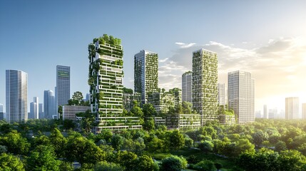 Obraz premium A vibrant city skyline with modern green buildings surrounded by trees and parks, set against a backdrop of clear blue skies, symbolizing environmental preservation and sustainable urban living. 