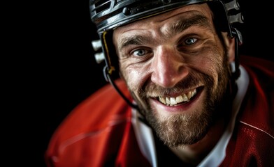 Hockey player with missing tooth smiling On a black background