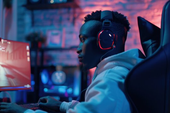 Home gaming stylish black male gamer playing online multiplayer PvP tournament on high end computer with headphones