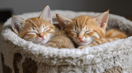 Kittens cuddling together in a small bed