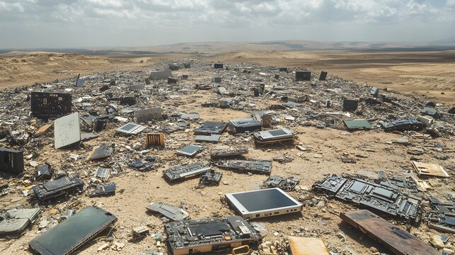 A desolate landscape strewn with discarded electronics, including old smartphones and circuit boards, set against a backdrop of dry earth, highlighting the severe environmental consequences 