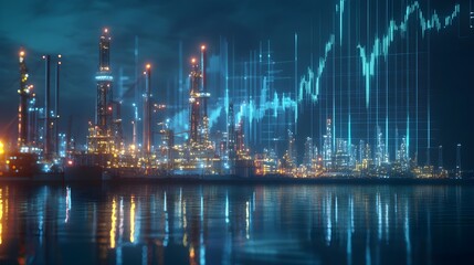 Fototapeta premium A graph showing rising oil prices alongside a backdrop of oil rigs and refineries, symbolizing the impact of supply and demand on the energy market. 