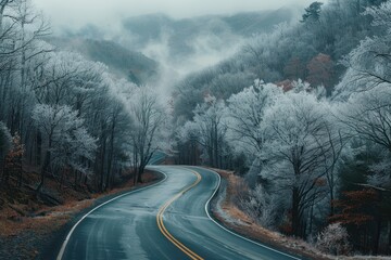 Icy trees and mountains in Pennsylvania on a foggy winter morning along a winding road